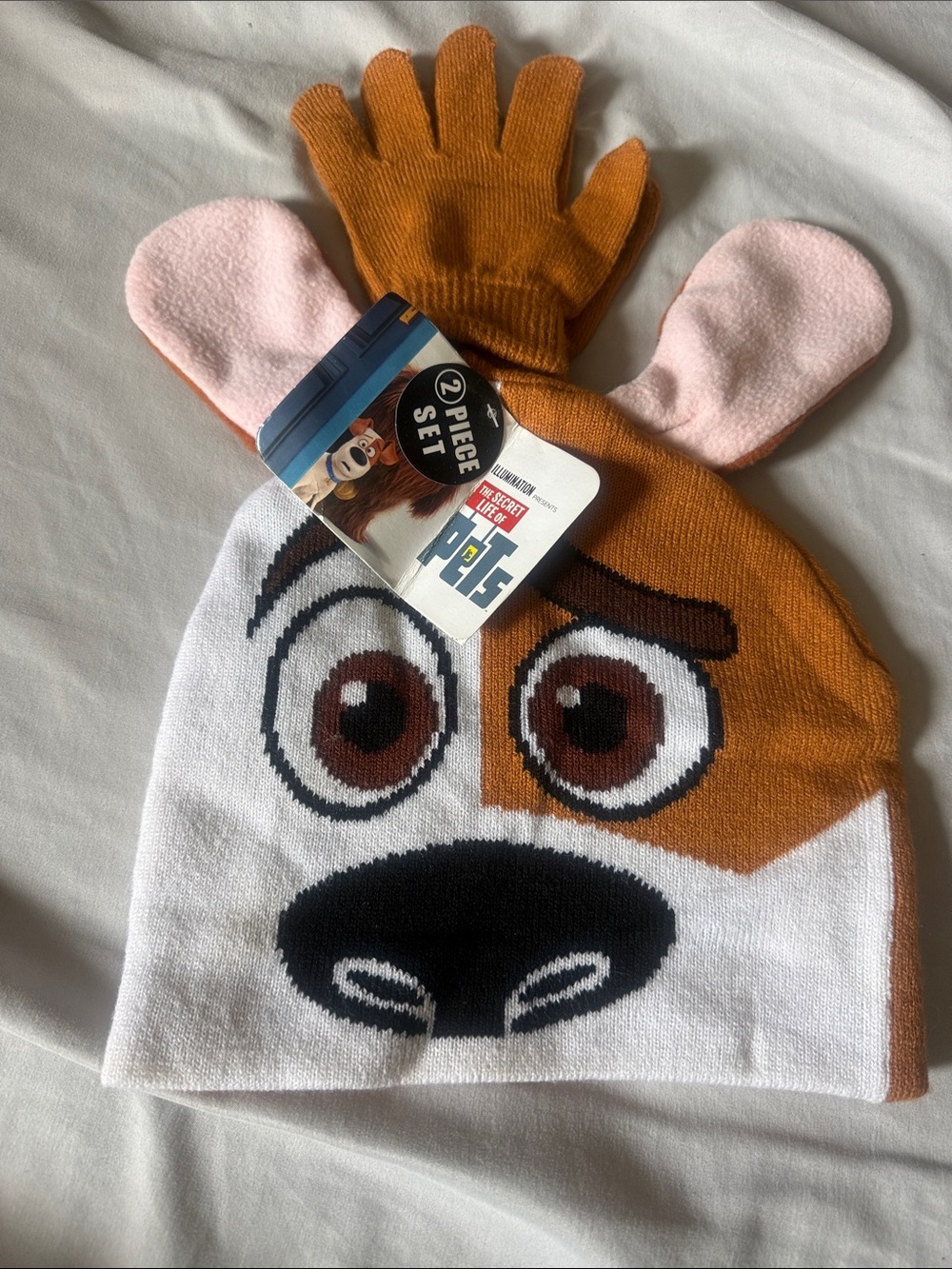 Kids Brown & White Dog Beanie Hat with Gloves